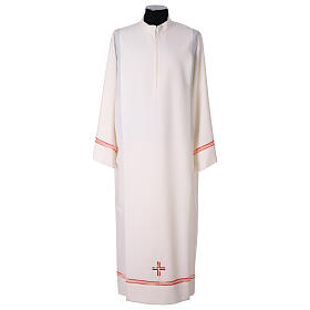 White priest alb with red and white gigliuccio cross by Vebi Confezioni