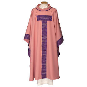 Machine-embroidered polyester chasuble with red plum Tau cross by Gamma