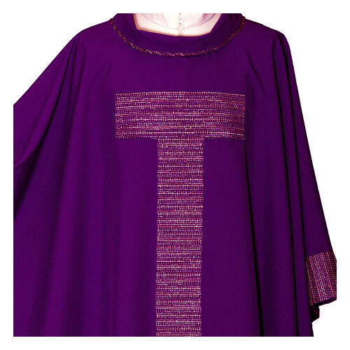Machine-embroidered polyester chasuble with red plum Tau cross by Gamma 5