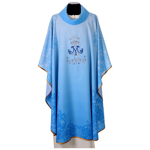 Printed blue Marian chasuble with embroidered monogram 1