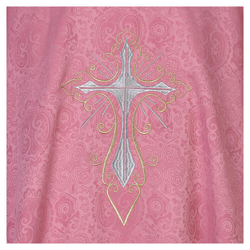 Pink damask chasuble with gold and silver cross embroidery 3