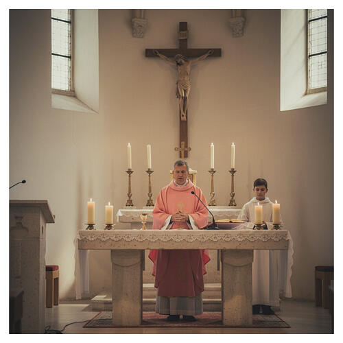 Pink liturgical chasuble with golden floral cross embroidery 4