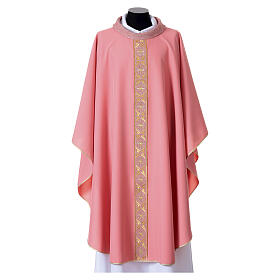 Pink chasuble, 100% polyester with floral embroidered galloon by Gamma
