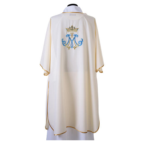Dalmática Mariana cor de marfim bordados azul e dourado 5