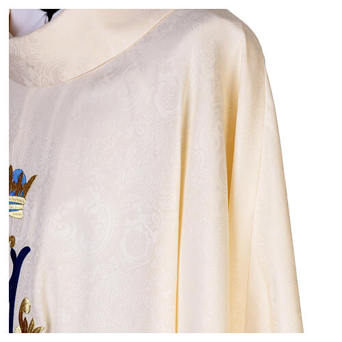 Ivory damask Marian chasuble with gold and blue embroidery 5