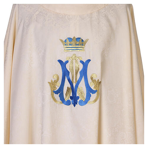 Casula Mariana tecido adamascado cor de marfim bordado ouro e azul 3
