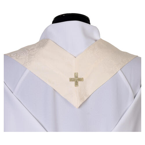 Casula Mariana tecido adamascado cor de marfim bordado ouro e azul 8