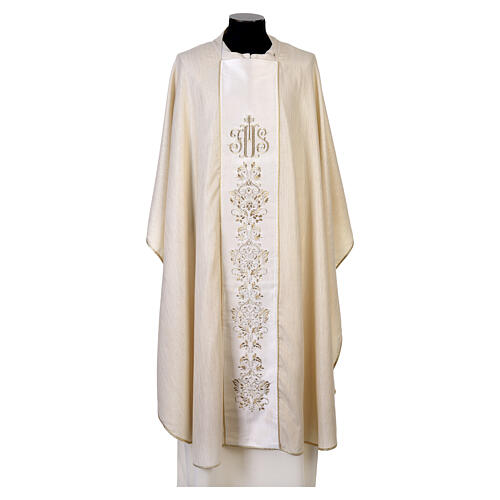 Casulla con franja JHS y bordados florales dorados de lana fría 8
