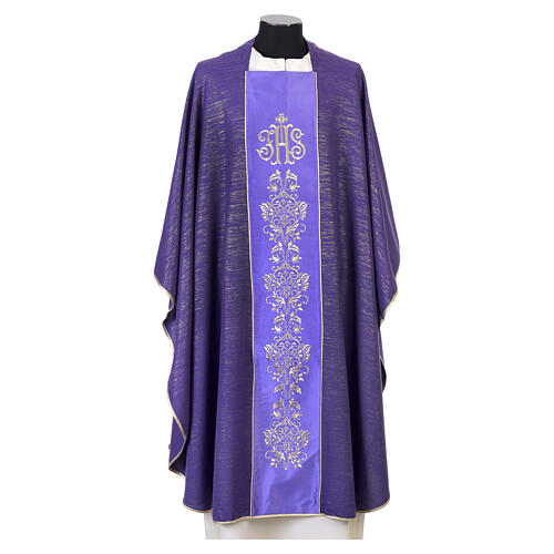 Casulla con franja JHS y bordados florales dorados de lana fría 10
