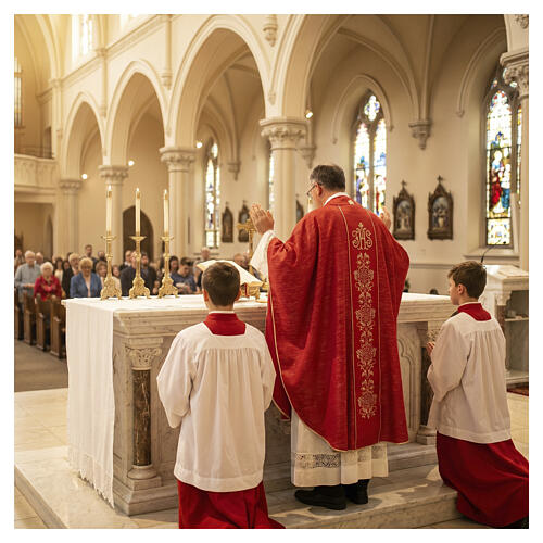 Chasuble à bande centrale JHS avec broderies florales dorées en frescolana 2
