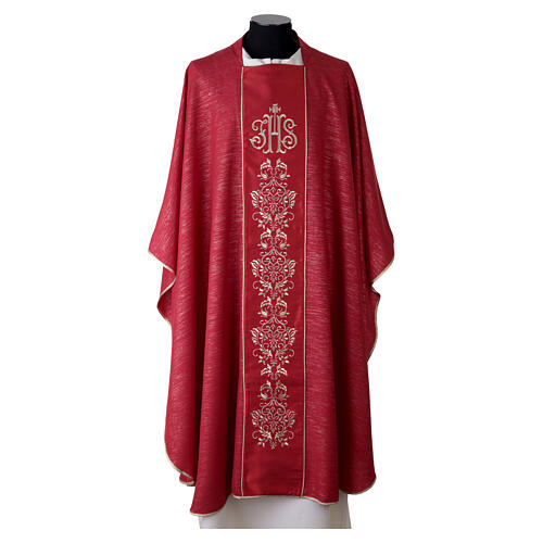 Chasuble à bande centrale JHS avec broderies florales dorées en frescolana 5