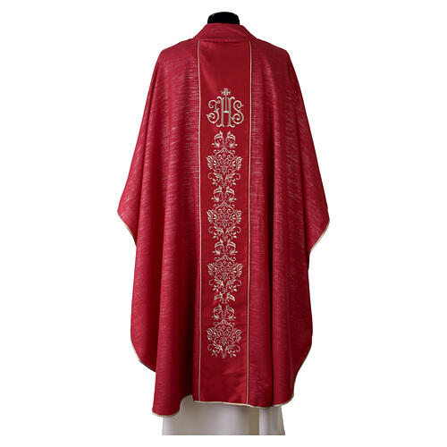 Chasuble à bande centrale JHS avec broderies florales dorées en frescolana 14