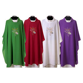 Light chasuble in polyester with embroidered cross, grapes and wheat