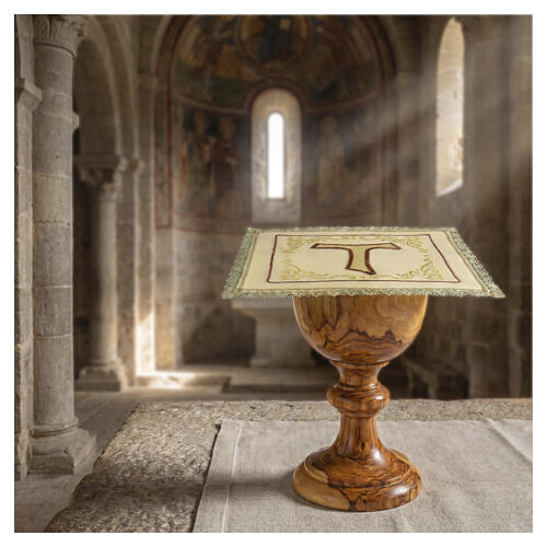 Chalice veil with gold and brown Franciscan decoration, 7x7 in, cotton 2