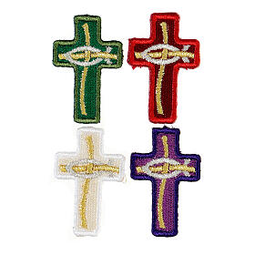 Bügelpatch, Kreuz mit Fisch, Stickerei, 4 liturgische Farben, 4x2,5cm