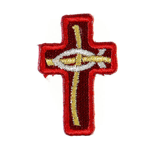 Bügelpatch, Kreuz mit Fisch, Stickerei, 4 liturgische Farben, 4x2,5cm 3