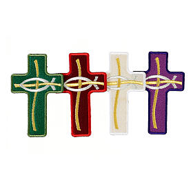 Bügelpatch, Kreuz mit Fisch, Stickerei, 4 liturgische Farben, 12x7,5cm