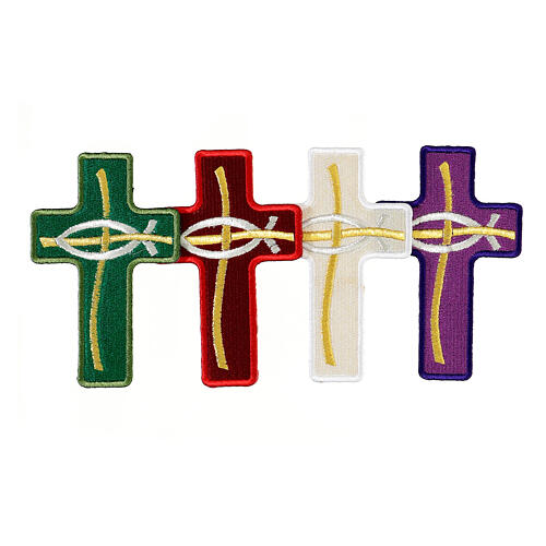 Cross-shaped thermoadhesive patch with stylised fish, liturgical colours, 5 in 1