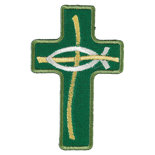 Cross-shaped thermoadhesive patch with stylised fish, liturgical colours, 5 in 2