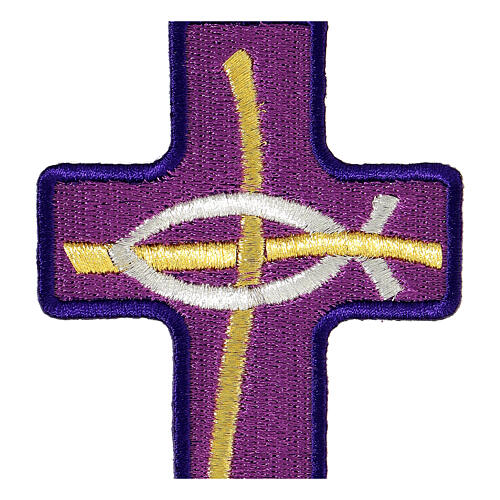 Cross-shaped thermoadhesive patch with stylised fish, liturgical colours, 5 in 3