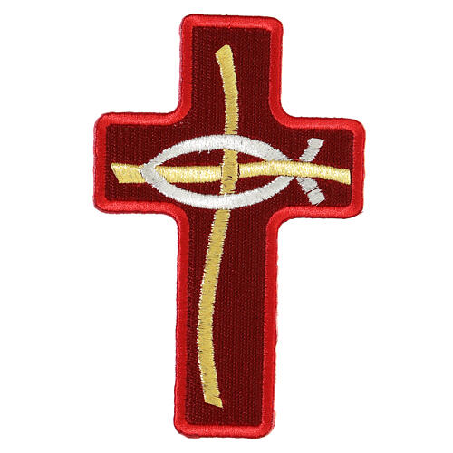 Cross-shaped thermoadhesive patch with stylised fish, liturgical colours, 5 in 4