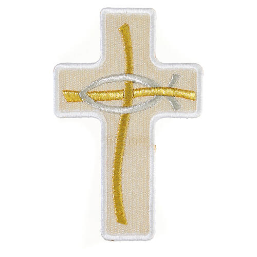 Cross-shaped thermoadhesive patch with stylised fish, liturgical colours, 5 in 5