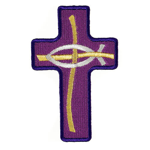 Cross-shaped thermoadhesive patch with stylised fish, liturgical colours, 5 in 6