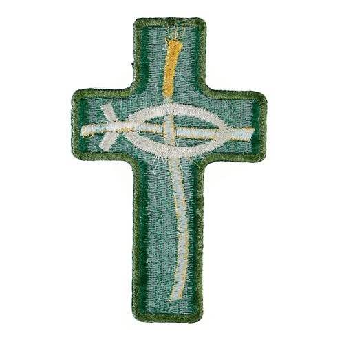Cross-shaped thermoadhesive patch with stylised fish, liturgical colours, 5 in 7