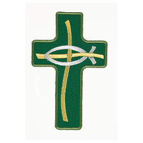 Bügelpatch, Kreuz mit Fisch, Stickerei, 4 liturgische Farben, 20x13cm