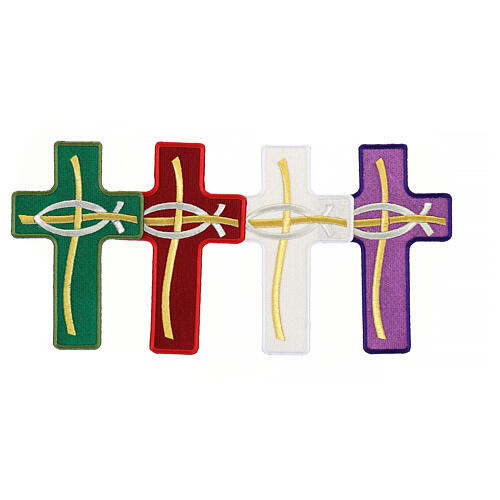 Cross-shaped thermoadhesive application with stylised fish, four liturgical colours, 8 in 1