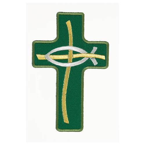Cross-shaped thermoadhesive application with stylised fish, four liturgical colours, 8 in 2