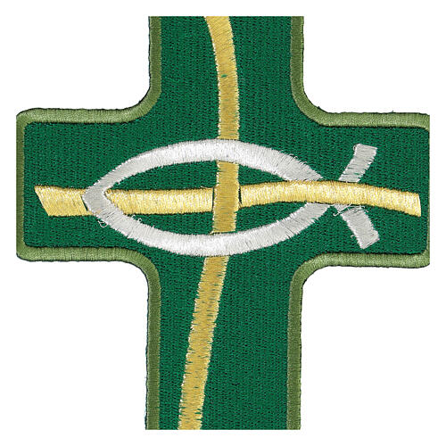 Cross-shaped thermoadhesive application with stylised fish, four liturgical colours, 8 in 3