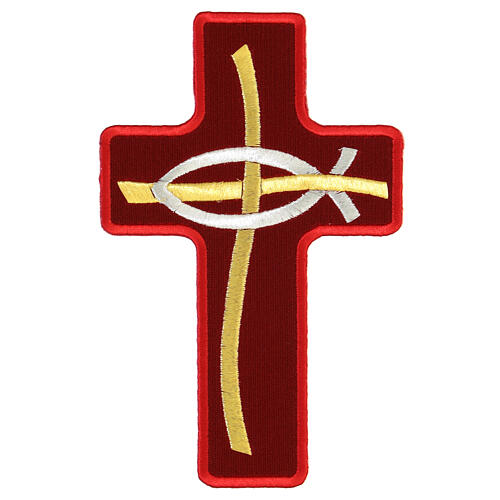 Cross-shaped thermoadhesive application with stylised fish, four liturgical colours, 8 in 4