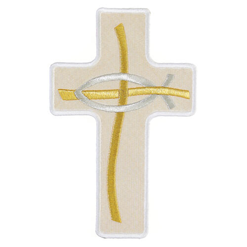 Cross-shaped thermoadhesive application with stylised fish, four liturgical colours, 8 in 5