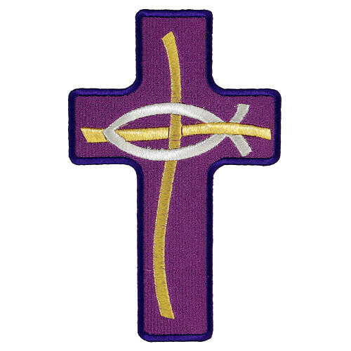 Cross-shaped thermoadhesive application with stylised fish, four liturgical colours, 8 in 6