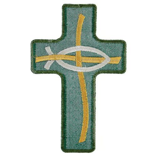 Cross-shaped thermoadhesive application with stylised fish, four liturgical colours, 8 in 7