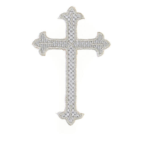 Krzyż trójlistny 8x5 cm, srebrny, aplikacja termoprzylepna do paramentów 1
