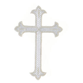 Silver budded cross, iron-on fabric application, 5x3 in