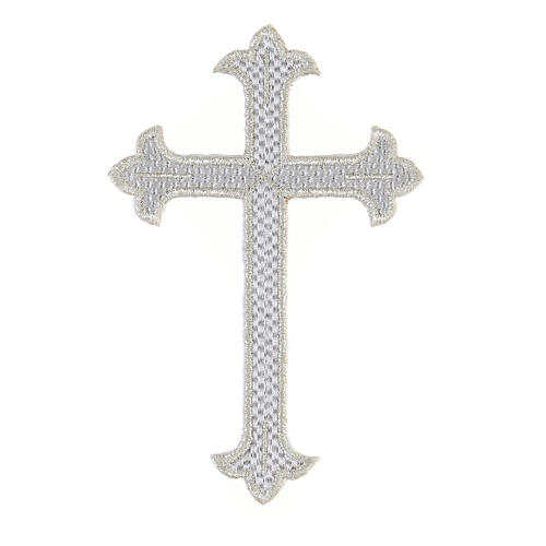 Silver budded cross, iron-on fabric application, 5x3 in 1
