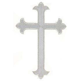Budded cross, iron-on fabric application, silver colour, 9x6 in