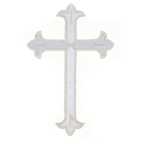 Budded cross, iron-on fabric application, silver colour, 9x6 in 3