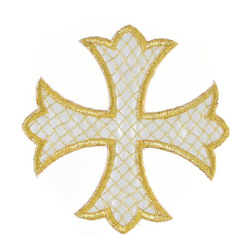 Krzyż biały 10 cm termoprzylepny, półdrobny złoty haft siatkowy 1