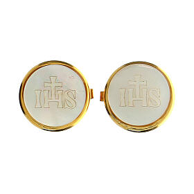 Set of 2 button covers, golden frame and mother-of-pearl, IHS engraving