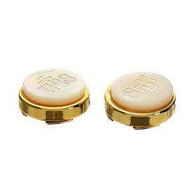 Set of 2 button covers, golden frame and mother-of-pearl, IHS engraving