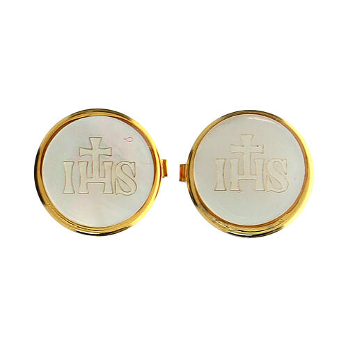 Set of 2 button covers, golden frame and mother-of-pearl, IHS engraving 1