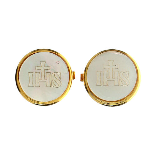 Pair of IHS mother-of-pearl button covers with golden base 1