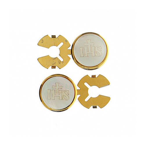 Pair of IHS mother-of-pearl button covers with golden base 3