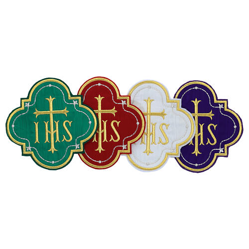 Bügelpatch, IHS-Emblem, Stickerei auf Moiré-Stoff, 4 liturgische Farben, 20x20cm 1