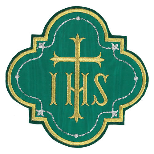 Bügelpatch, IHS-Emblem, Stickerei auf Moiré-Stoff, 4 liturgische Farben, 20x20cm 3