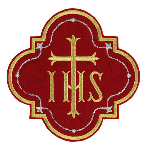 Bügelpatch, IHS-Emblem, Stickerei auf Moiré-Stoff, 4 liturgische Farben, 20x20cm 4